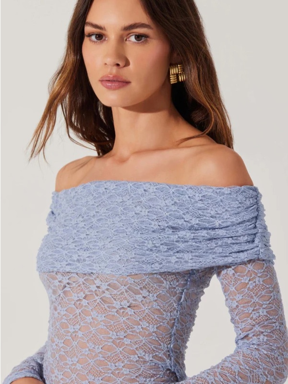 ASTR THE LABEL Blue Sheer Floral Lace Off The Shoulder Bardot Long Sleeve Top L